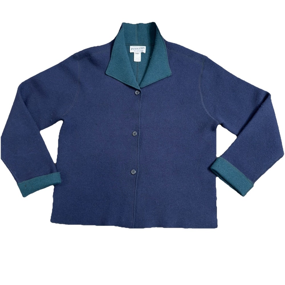 Vintage Pendleton Unisex Wool Cardigan Sweater Navy & Green USA Size M